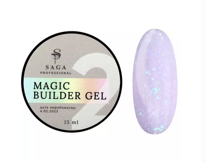 Гель для наращивания Saga Professional Magic Builder Gel 02, нежный лиловый с цветными хлопьями потали, 15 мл 457453 фото