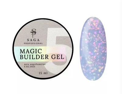 Гель для наращивания Saga Professional Magic Builder Gel 05, сиренево-голубой с цветными хлопьями потали, 15 мл 46778 фото
