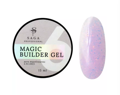 Гель для наращивания Saga Professional Magic Builder Gel 06, сиренево-розовый с хлопьями потали, 15 мл 67488 фото